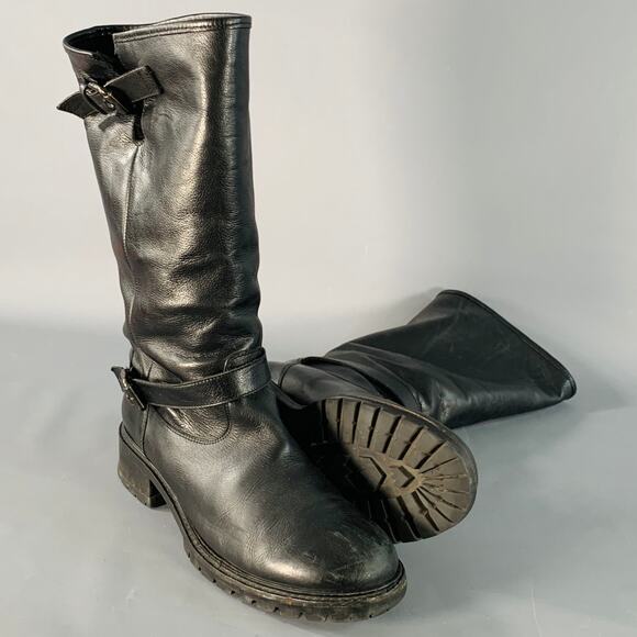 FENDI Size 9 Black Leather Shearling Lined Pull On Buckle Boots main image 6